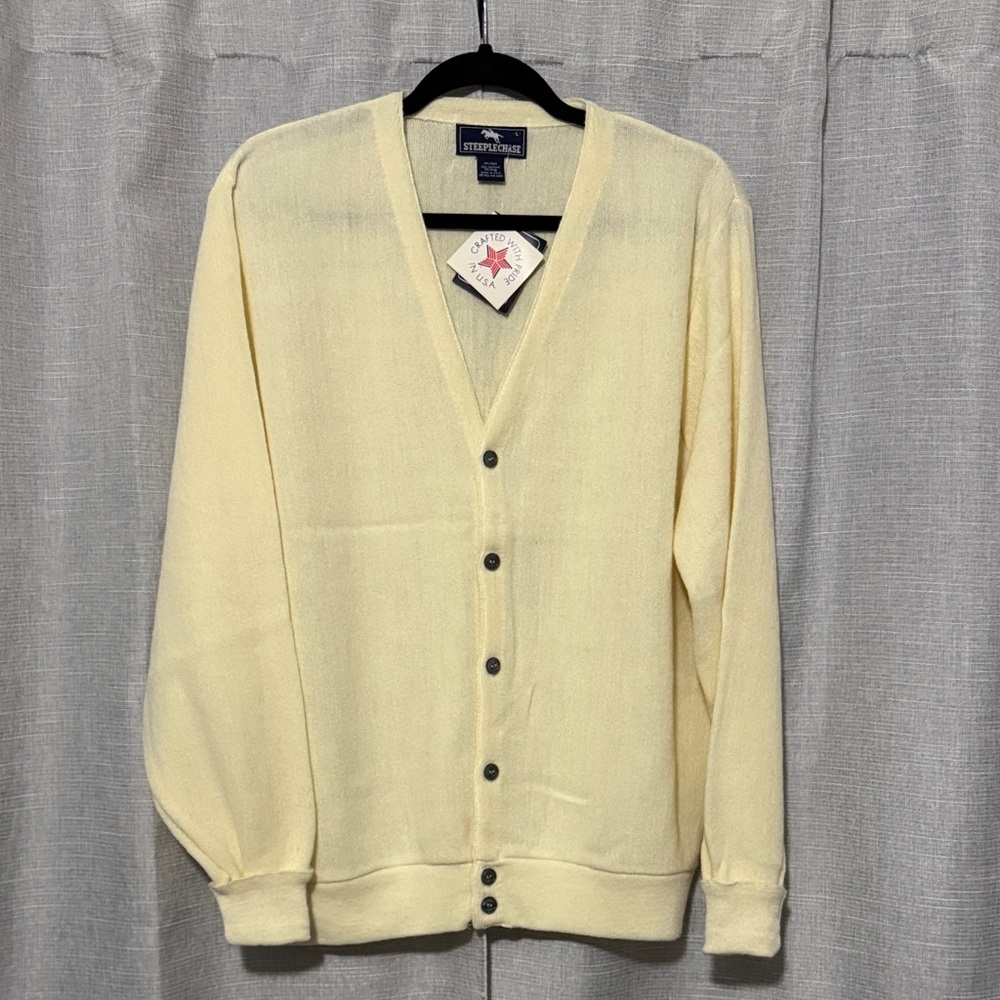 Dead Stock Vintage NWT-Steeplechase Cardigan-Mens Sz L-Cream/Yellow-V Neck